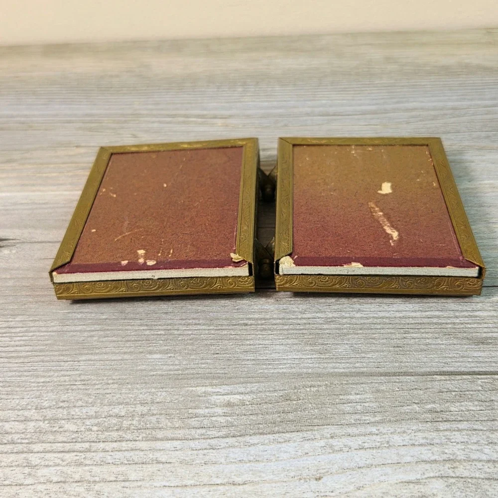 Vintage Mini Hinged Brass Double Picture Frame Bi Fold Oval Photo Desktop